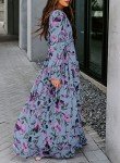 BLENCOT Women's Casual Boho Floral Printed Deep V Neck Loose Long Sleeve Long Evening Dress Ruched Cocktail Party Maxi Wedding Dress Blue Medium