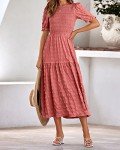 dowerme Womens Summer Dresses 2025 Casual Puff Short Sleeve Crewneck Smocked Flowy Ruffle Boho Beach Party Maxi Sundress(Bean Paste Pink,Medium)