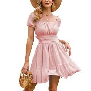 EXLURA Women's 2024 Summer Short Puff Sleeve Casual Short Mini Dresses Tie Back Square Neck A-Line Sundress Pink