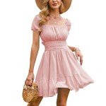 EXLURA Women's 2024 Summer Short Puff Sleeve Casual Short Mini Dresses Tie Back Square Neck A-Line Sundress Pink