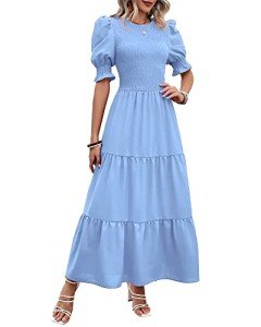 BTFBM Women Casual Summer Dresses 2025 Spring Crew Neck Ruffle Short Sleeve Floral Print Smocked Boho Flowy Maxi Dress(Solid Light Blue, Medium)