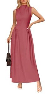MITILLY Women's 2025 Summer Casual Sleeveless Mock Neck Drop Waist Dress Vacation Swing Beach Maxi Dresses with Pockets Bean Paste Pink Small
