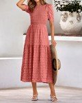 dowerme Womens Summer Dresses 2025 Casual Puff Short Sleeve Crewneck Smocked Flowy Ruffle Boho Beach Party Maxi Sundress(Bean Paste Pink,Medium)