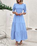 BTFBM Women Casual Summer Dresses 2025 Spring Crew Neck Ruffle Short Sleeve Floral Print Smocked Boho Flowy Maxi Dress(Solid Light Blue, Medium)