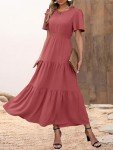 PRETTYGARDEN Women Casual Dresses Trendy Puff Sleeve Crew Neck Elastic Smocked Waist Flowy Prom Party Beach Dress(Solid Bean Paste Red,Large)