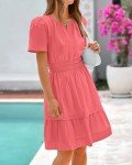 BTFBM Women's Casual V Neck Dresses 2025 Summer Spring Short Sleeve Sundress Smocked Waist A Line Tiered Mini Dress(Bean Paste Red, Large)