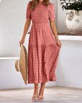 dowerme Womens Summer Dresses 2025 Casual Puff Short Sleeve Crewneck Smocked Flowy Ruffle Boho Beach Party Maxi Sundress(Bean Paste Pink,Medium)