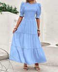 BTFBM Women Casual Summer Dresses 2025 Spring Crew Neck Ruffle Short Sleeve Floral Print Smocked Boho Flowy Maxi Dress(Solid Light Blue, Medium)