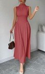 MITILLY Women's 2025 Summer Casual Sleeveless Mock Neck Drop Waist Dress Vacation Swing Beach Maxi Dresses with Pockets Bean Paste Pink Small