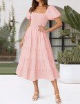 ZESICA Women's 2024 Summer Square Neck Short Puff Sleeve Solid Color High Waist Casual Smocked Flowy A Line Tiered Midi Dress