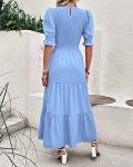BTFBM Women Casual Summer Dresses 2025 Spring Crew Neck Ruffle Short Sleeve Floral Print Smocked Boho Flowy Maxi Dress(Solid Light Blue, Medium)