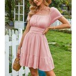 EXLURA Women's 2024 Summer Short Puff Sleeve Casual Short Mini Dresses Tie Back Square Neck A-Line Sundress Pink