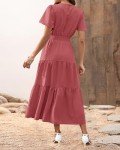 PRETTYGARDEN Women Casual Dresses Trendy Puff Sleeve Crew Neck Elastic Smocked Waist Flowy Prom Party Beach Dress(Solid Bean Paste Red,Large)