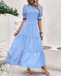 BTFBM Women Casual Summer Dresses 2025 Spring Crew Neck Ruffle Short Sleeve Floral Print Smocked Boho Flowy Maxi Dress(Solid Light Blue, Medium)