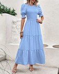 BTFBM Women Casual Summer Dresses 2025 Spring Crew Neck Ruffle Short Sleeve Floral Print Smocked Boho Flowy Maxi Dress(Solid Light Blue, Medium)