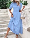 BTFBM Women Casual Summer Dresses 2025 Spring Crew Neck Ruffle Short Sleeve Floral Print Smocked Boho Flowy Maxi Dress(Solid Light Blue, Medium)