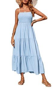 PRETTYGARDEN Women's Summer Maxi Dress 2025 Casual Boho Sleeveless Spaghetti Strap Smocked Tiered Long Beach Vacation Sundresses (Blue,XL)