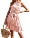 BTFBM Women 2025 Halter Neck Summer Dresses Casual Sleeveless Floral Polka Dot Print Ruffle Mini Boho Beach Sun Dress(Solid Pink, Small)