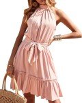 BTFBM Women 2025 Halter Neck Summer Dresses Casual Sleeveless Floral Polka Dot Print Ruffle Mini Boho Beach Sun Dress(Solid Pink, Small)