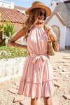 BTFBM Women 2025 Halter Neck Summer Dresses Casual Sleeveless Floral Polka Dot Print Ruffle Mini Boho Beach Sun Dress(Solid Pink, Small)