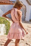 BTFBM Women 2025 Halter Neck Summer Dresses Casual Sleeveless Floral Polka Dot Print Ruffle Mini Boho Beach Sun Dress(Solid Pink, Small)