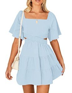 Women's Summer Dresses Square Neck Casual Short Sleeves Crossover Elastic Waist Party Mini Dress Blue S