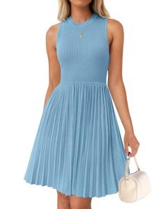 ZESICA Women's Summer Sleeveless Mini Dress 2025 Crewneck Knit A Line Pleated Swing Casual Basic Short Dress,Sky,Medium