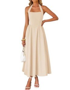 ZESICA Women's Summer Sleeveless Halter Midi Dress 2025 Off Shoulder High Waist Swing Flowy Beach Long Dresses,Apricot,Small