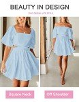 Women's Summer Dresses Square Neck Casual Short Sleeves Crossover Elastic Waist Party Mini Dress Blue S