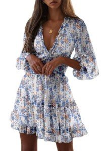 Dokotoo Womens Sun Casual V Neckline Long Sleeve Open Back Floral Print Mini Dress Bohemian Fashion Skater A Line Ruffle Hem Beach Dresses White Medium