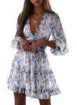 Dokotoo Womens Sun Casual V Neckline Long Sleeve Open Back Floral Print Mini Dress Bohemian Fashion Skater A Line Ruffle Hem Beach Dresses White Medium