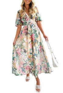 Sissyaki Women's Boho Floral Midi Dress Smocked Beach Flowy Dress Multi Green-Print S