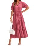 dowerme Women's Boho Maxi Dress 2025 Cute Short Sleeve Button Loose Fit Long Flowy Swing Nusring Maternity Dresses(Solid Bean Paste Red,Large)