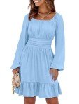 ANRABESS Womens Dress Long Lantern Sleeve Square Neck Elastic Waist Ruffle Flowy Swing A-Line Short Dresses 2025 Fall Fashion Light Blue Small