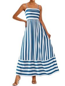 PRETTYGARDEN Summer Dresses for Women 2025 Beach Maxi Dress Spaghetti Strap Floral Boho A Line Wedding Guest Flowy Long Dress(Striped White Blue,Medium)