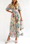 Sissyaki Women's Boho Floral Midi Dress Smocked Beach Flowy Dress Multi Green-Print S