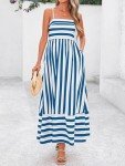 PRETTYGARDEN Summer Dresses for Women 2025 Beach Maxi Dress Spaghetti Strap Floral Boho A Line Wedding Guest Flowy Long Dress(Striped White Blue,Medium)