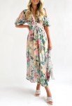 Sissyaki Women's Boho Floral Midi Dress Smocked Beach Flowy Dress Multi Green-Print S