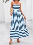 PRETTYGARDEN Summer Dresses for Women 2025 Beach Maxi Dress Spaghetti Strap Floral Boho A Line Wedding Guest Flowy Long Dress(Striped White Blue,Medium)