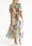 Sissyaki Women's Boho Floral Midi Dress Smocked Beach Flowy Dress Multi Green-Print S