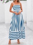 PRETTYGARDEN Summer Dresses for Women 2025 Beach Maxi Dress Spaghetti Strap Floral Boho A Line Wedding Guest Flowy Long Dress(Striped White Blue,Medium)