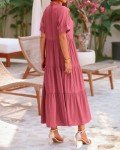 dowerme Women's Boho Maxi Dress 2025 Cute Short Sleeve Button Loose Fit Long Flowy Swing Nusring Maternity Dresses(Solid Bean Paste Red,Large)