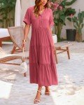 dowerme Women's Boho Maxi Dress 2025 Cute Short Sleeve Button Loose Fit Long Flowy Swing Nusring Maternity Dresses(Solid Bean Paste Red,Large)