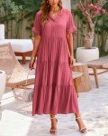 dowerme Women's Boho Maxi Dress 2025 Cute Short Sleeve Button Loose Fit Long Flowy Swing Nusring Maternity Dresses(Solid Bean Paste Red,Large)