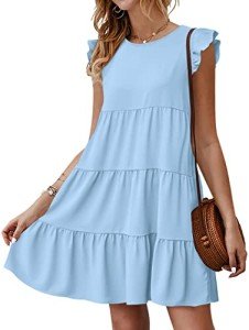 KIRUNDO Summer Dresses for Women 2025 Casual Sleeveless Ruffle Sleeve Round Neck Loose Short Flowy Pleated Mini Babydoll Graduation Dress (Light Blue, Medium)
