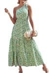 PRETTYGARDEN Women's Summer Floral Maxi Dress Knot One Shoulder Sleeveless Ruffle Flowy Boho Beach Wedding Guest Dresses(Green White,Large)