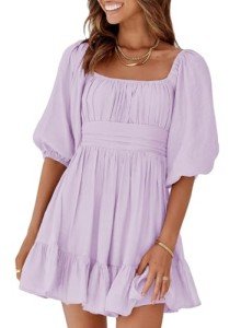 Dokotoo Women Square Neck Spring Dresses for Women 2025 Lantern Sleeve Ruffle A-Line Flowy Sundress Shirred Elastic Waist Tie Backless Light Purple Sexy Dress Plus Size Casual Dresses for Women Large
