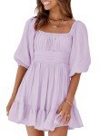 Dokotoo Women Square Neck Spring Dresses for Women 2025 Lantern Sleeve Ruffle A-Line Flowy Sundress Shirred Elastic Waist Tie Backless Light Purple Sexy Dress Plus Size Casual Dresses for Women Large