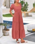 PRETTYGARDEN Women's Dresses 2025 Casual Puff Sleeve Square Neck Smocked Loose Fit A-Line Flowy Swing Long Beach Dress(Bean Paste Pink,Small)