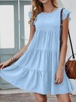 KIRUNDO Summer Dresses for Women 2025 Casual Sleeveless Ruffle Sleeve Round Neck Loose Short Flowy Pleated Mini Babydoll Graduation Dress (Light Blue, Medium)